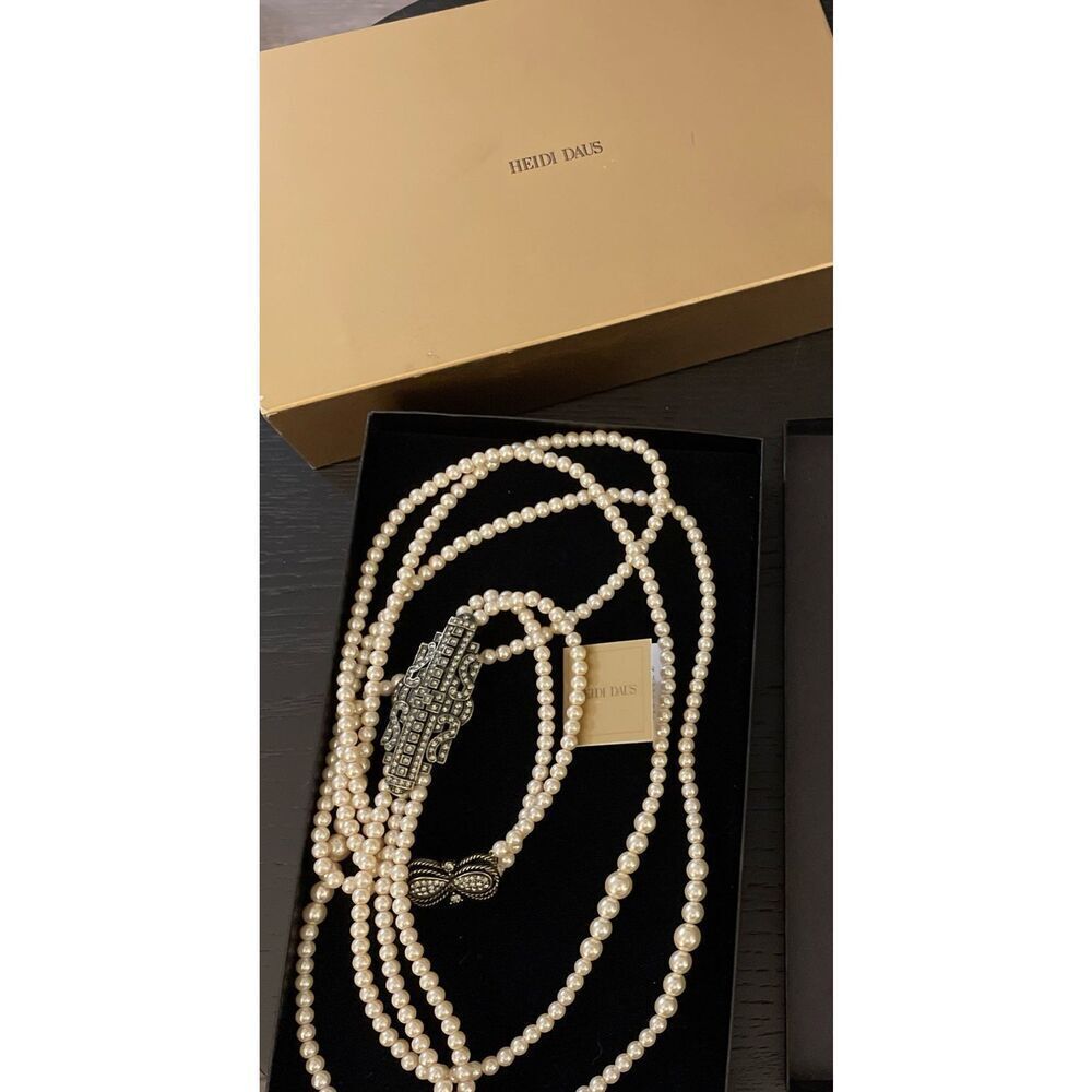Vintage Heidi Daus 3 Strand Faux Pearl Necklace Statement Piece w/Rhinestones